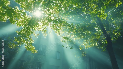 Sunbeams Filter Through Lush Green Leaves, Illuminating a Building Mysteriously