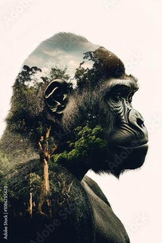 A majestic double exposure of a gorilla silhouette intertwined with a lush forest landscape under soft natural light. Generative AI photo