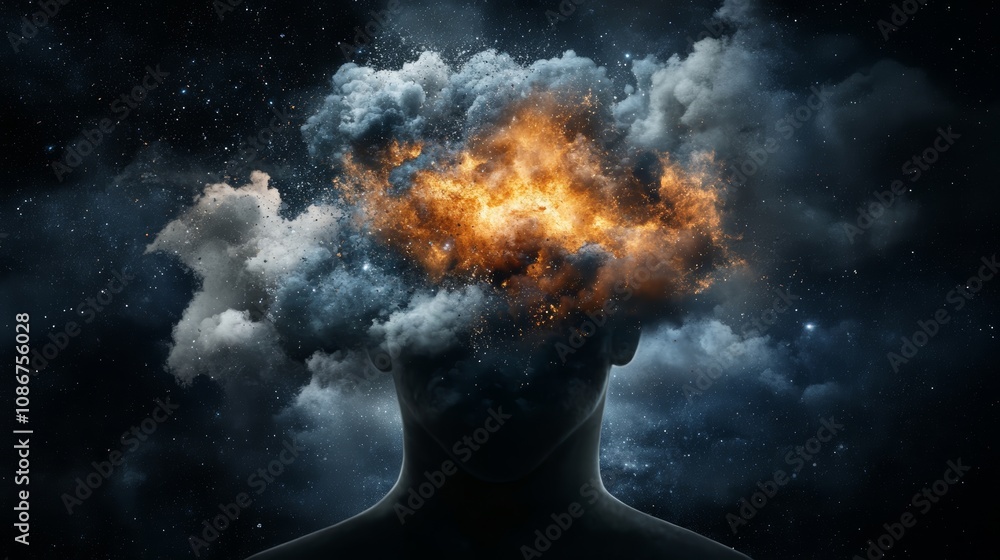 Fototapeta premium Fiery mind, a portrait of man with burning passion and creative energy flowing from his head