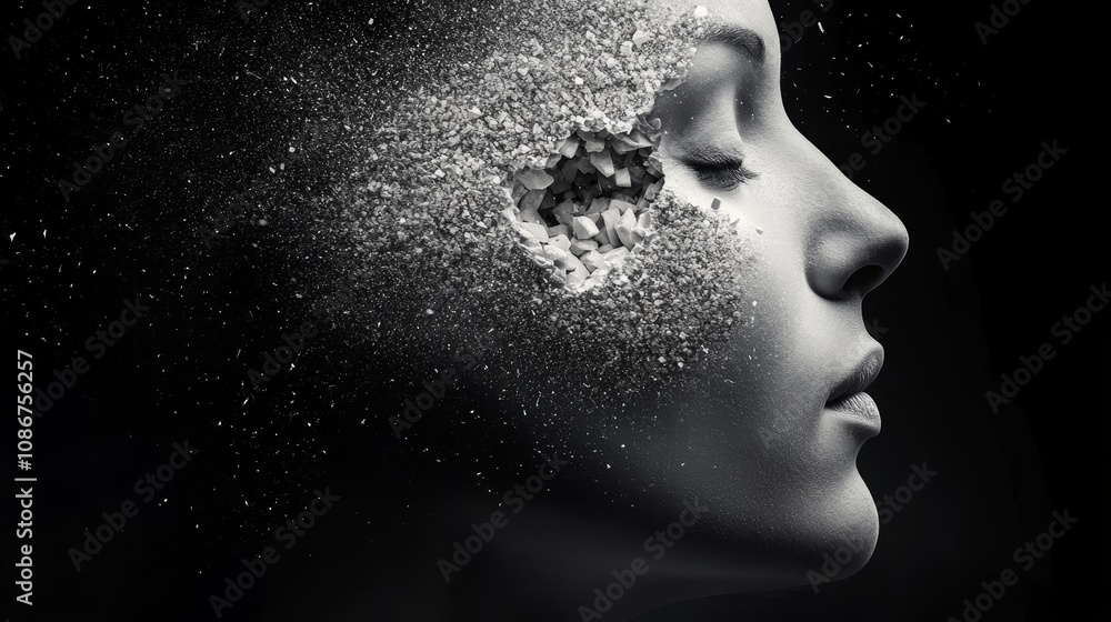 Conceptual art, woman's face with fragmented brain depicting mental health, cognitive impairment, and psychological challenges Conceptual art, woman's face with fragmented brain depicting mental health, cognitive impairment, and psychological challenges