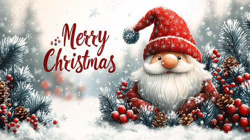 wide panoramic Christmas cover illustration with merry christmas title on it, funny gnome with red hat and white beard at side 