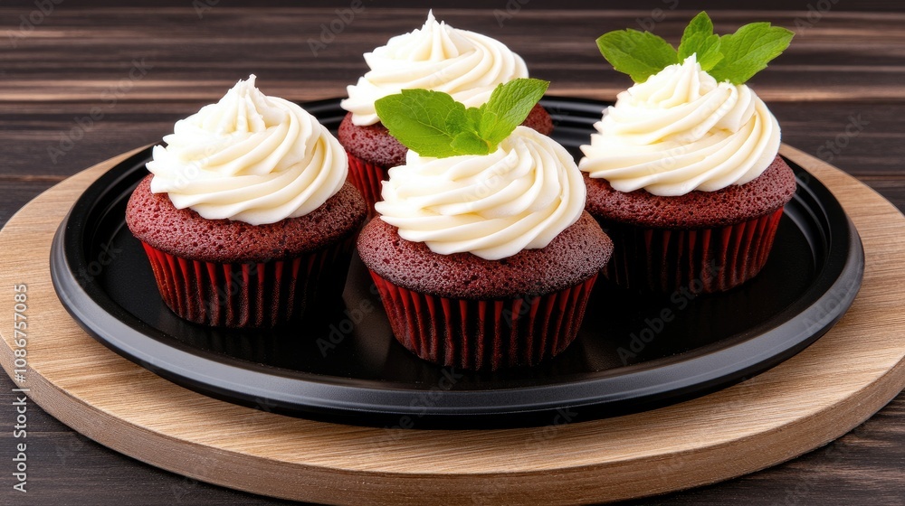 Delicious red velvet cupcakes with cream cheese frosting on a black plate for romantic celebrations Delicious red velvet cupcakes with cream cheese frosting on a black plate for romantic celebrations