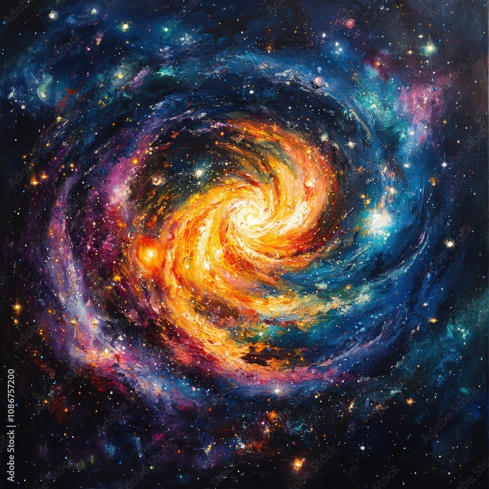 Fototapeta premium A vibrant spiral galaxy displaying swirling colors of blue, orange, and purple, representing the beauty of the universe.