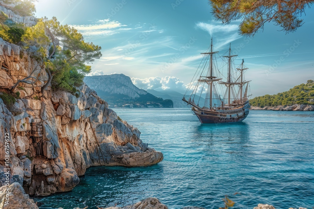Pirate Ship Island View, Wooden Ancient Frigate, Mediterranean Piracy Pirate Ship Island View, Wooden Ancient Frigate, Mediterranean Piracy