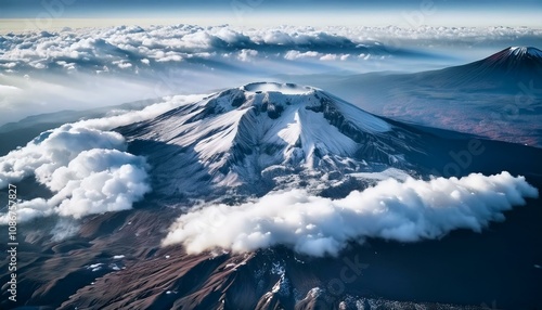 Volcanic mountains, high peaks, majestic views of peaks with mist and clouds photo