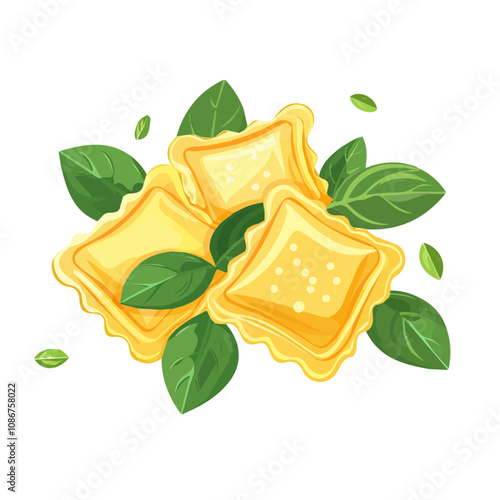 Simple flat illustration ravioli filled with ricotta with spinach motion graphic flat-design vector animation style, isolated in white background, 2D flat icon, logo