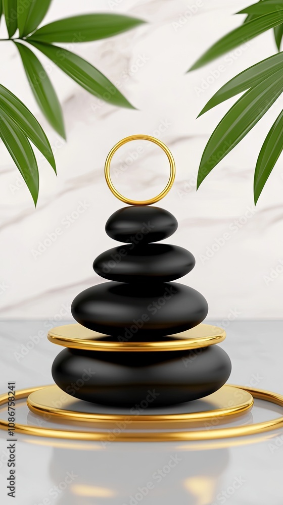 Obraz premium A tranquil arrangement of golden and black rocks with a circular frame gently resting on water in a minimalist design during daylight