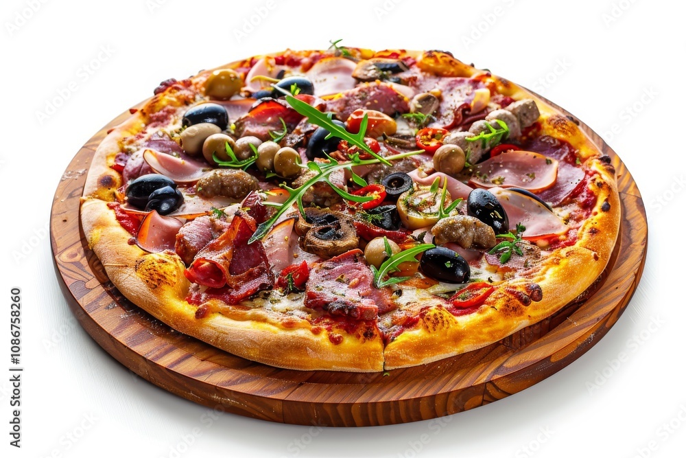 Meat Mix Pizza with Parma Ham, Sausages, Shish Kebab, Bacon, Olives, Tomato Sauce, Mozzarella Meat Mix Pizza with Parma Ham, Sausages, Shish Kebab, Bacon, Olives, Tomato Sauce, Mozzarella