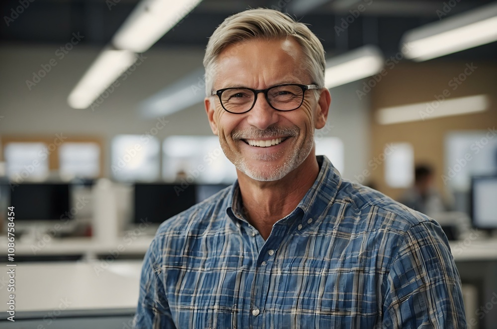 Middle-aged entrepreneur with casual style and a modern office coworking background, perfect for innovation and startup themes. Confident man in glasses, representing leadership, business growth. Middle-aged entrepreneur with casual style and a modern office coworking background, perfect for innovation and startup themes. Confident man in glasses, representing leadership, business growth.
