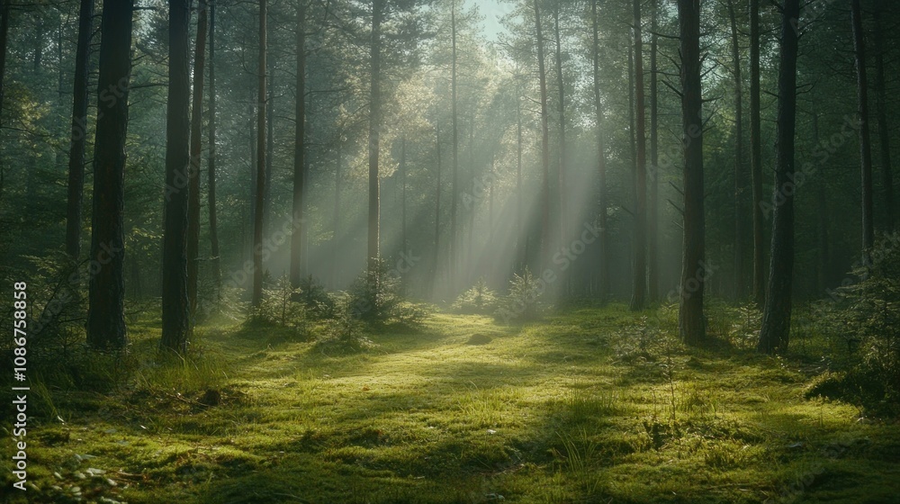 Fototapeta premium Pine forest background sunlight landscape woodland.