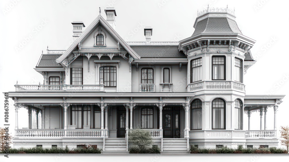 Fototapeta premium 3D model of a Victorian-style home with ornate details and a turret, on a white background.