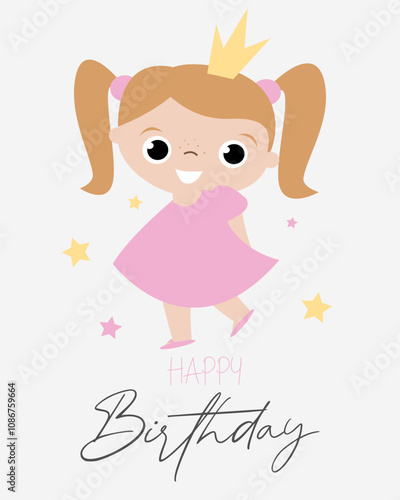 Vector illustration of cute little princess. Vector cute children birthday card with little girl 