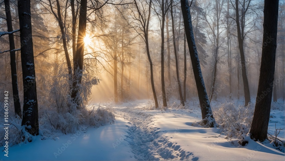 Northern winter: snowy forest and morning fog at dawn with sunlight Northern winter: snowy forest and morning fog at dawn with sunlight