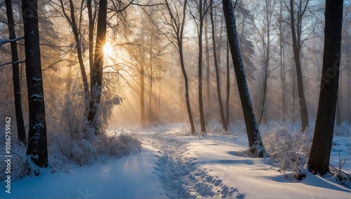 Northern winter: snowy forest and morning fog at dawn with sunlight