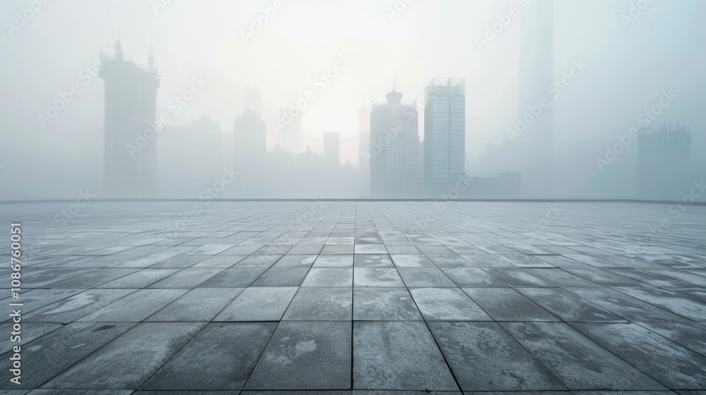 Empty square floor with city skyline background, Innovation Campus development, afternoon Empty square floor with city skyline background, Innovation Campus development, afternoon