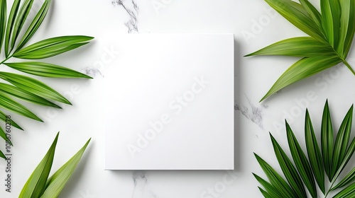 A serene minimalist composition featuring a white square frame surrounded by lush palm leaves on a white marble background