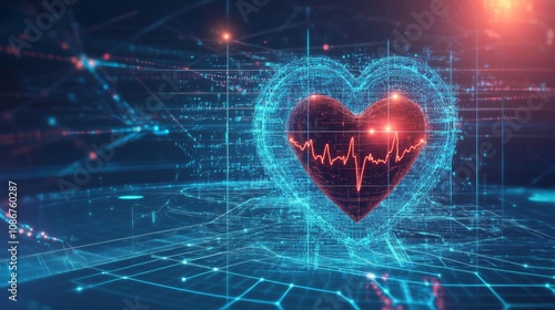 Futuristic Digital Healthcare Concept Depicting Heart Rate Monitoring in a High-Tech Environment with Emphasis on Technology Integration and Data Visualization