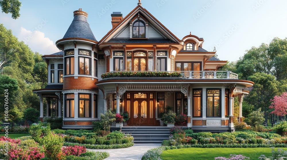 3D model of a Victorian-style home with ornate details and a turret, on a white background. 3D model of a Victorian-style home with ornate details and a turret, on a white background.