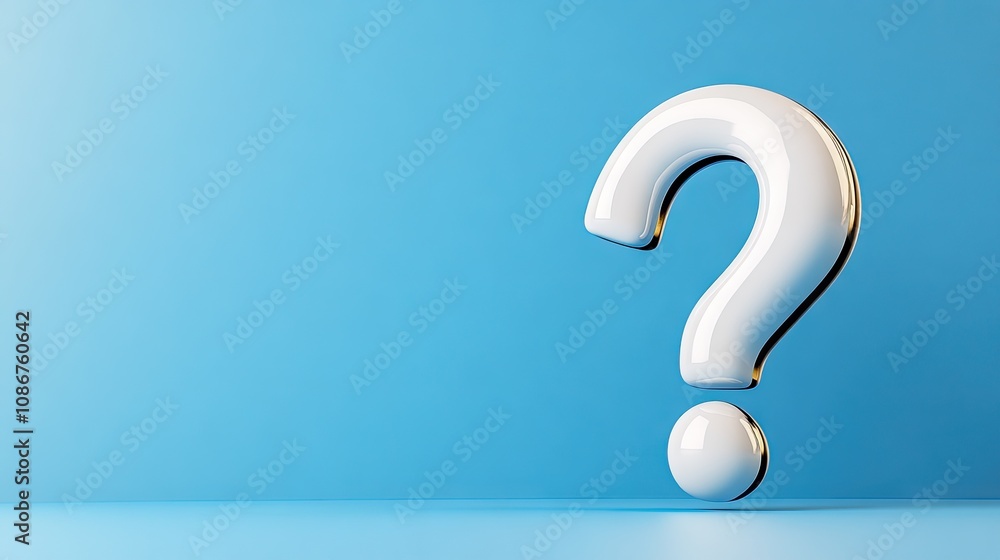 Elegant 3D rendering of a white question mark against a serene blue backdrop, representing curiosity and the quest for knowledge Elegant 3D rendering of a white question mark against a serene blue backdrop, representing curiosity and the quest for knowledge