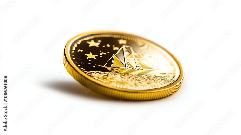 Gold coin featuring a sailboat design on a white isolated background. Gold coin featuring a sailboat design on a white isolated background.