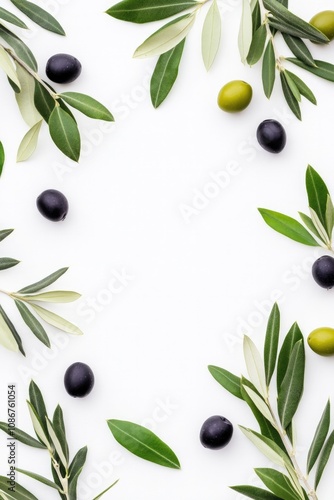 Arrangement of green and black olives with olive leaves on a white background, providing a fresh and natural look with ample copy space for design purposes.. photo