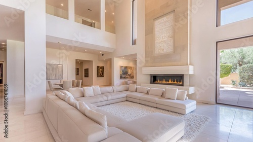 Modern Roman Elegance in Stylish Living Room with Large Sectional Sofa  Contemporary Fireplace  and Warm Atmosphere