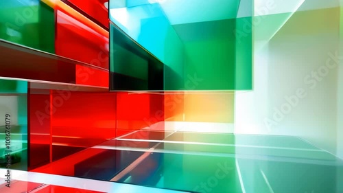 Vibrant abstract journey through colorful glass structures in a modern art space