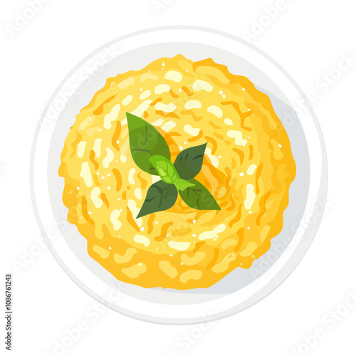 A simple flat 2D icon of risotto Alla Milanese isolated on a blue background, vector design, ideal for animation,  mobile apps, web design, digital illustrations, branding, minimalist 