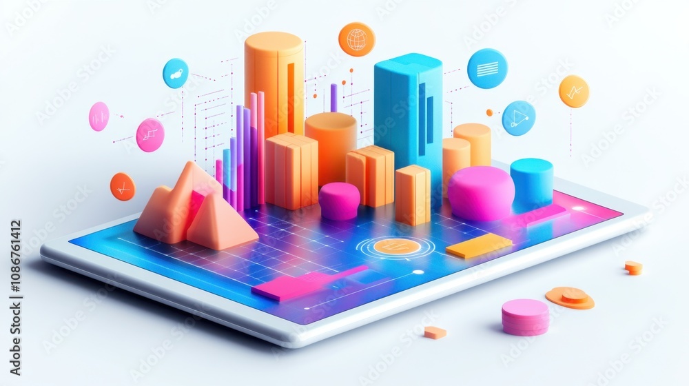 Vibrant 3D data visualization displayed on tablet software showcasing colorful geometric shapes and analytical charts in a modern digital setting