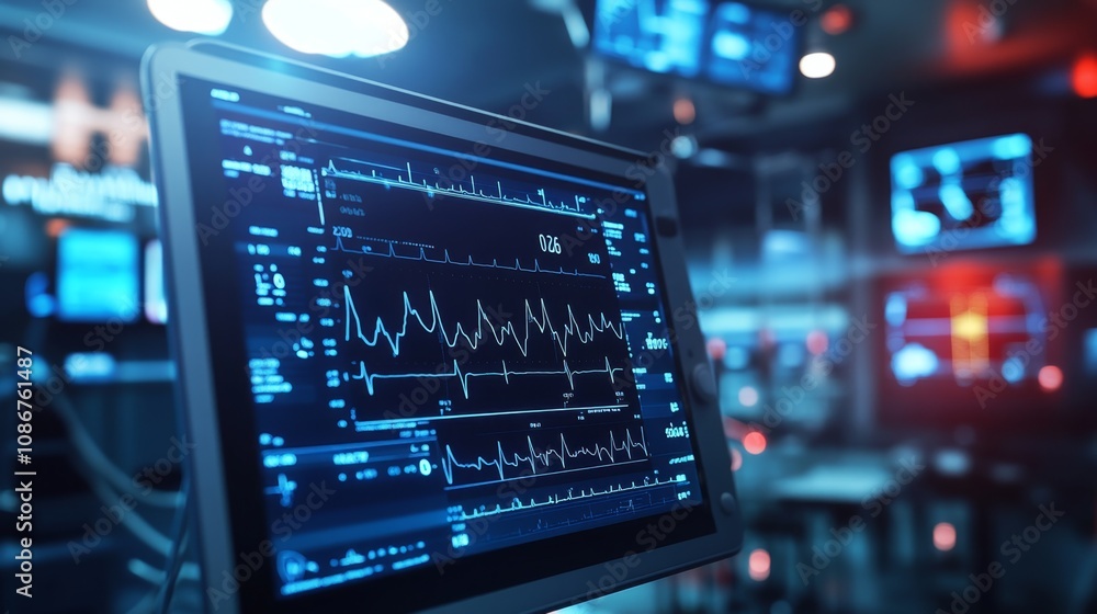 High-Tech Medical Setup Displaying Heart Rate Monitoring System in Modern Healthcare Environment with Advanced Technology and Equipment for Patient Care High-Tech Medical Setup Displaying Heart Rate Monitoring System in Modern Healthcare Environment with Advanced Technology and Equipment for Patient Care