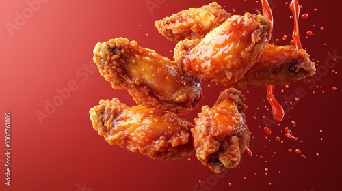 Crispy Fried Chicken Wings in Mid Air with Sauce Splash   3D Render Illustration