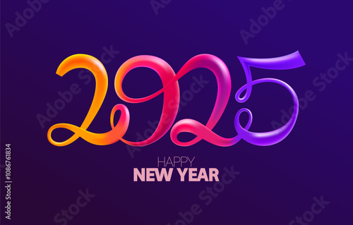 Happy New Years and christmas 2025. Calligraphic numbering design of colorful lines. Elegant minimalist greeting card design.