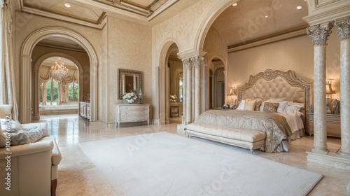 Luxurious Roman-Inspired Master Bedroom with Elegant Decor and Spacious Layout for Serene Retreat