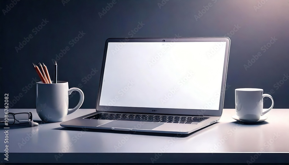 Fototapeta premium Laptop with Blank Screen and Coffee Mug on Work Desk