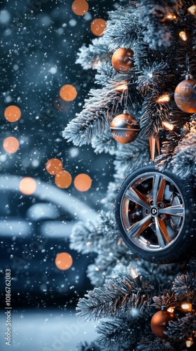 Winter holiday decorations feature a unique car tire ornament on a Christmas tree, surrounded by snow and glowing lights. photo