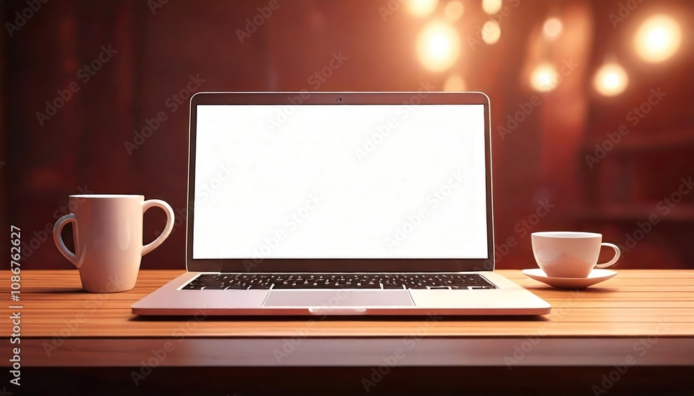 Laptop with Blank Screen and Coffee Mug on Work Desk Laptop with Blank Screen and Coffee Mug on Work Desk