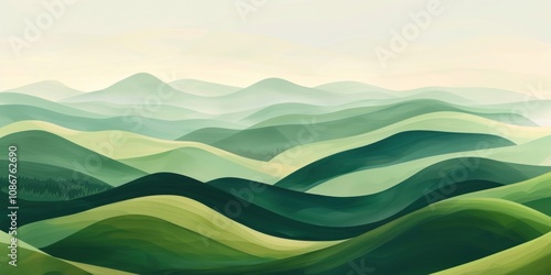 Fototapeta Naklejka Na Ścianę i Meble -  Abstract green landscape wallpaper background illustration design with hills and mountains abstract nature view.