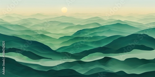 Fototapeta Naklejka Na Ścianę i Meble -  Abstract green landscape wallpaper background illustration design with hills and mountains nature view art.