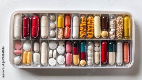 Assorted capsules and tablets organized in a tray showcasing a variety of colors and shapes ready for medication distribution photo