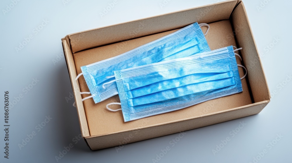 Fototapeta premium Protective masks neatly arranged in a cardboard box on a light surface, symbolizing health safety during recent global challenges