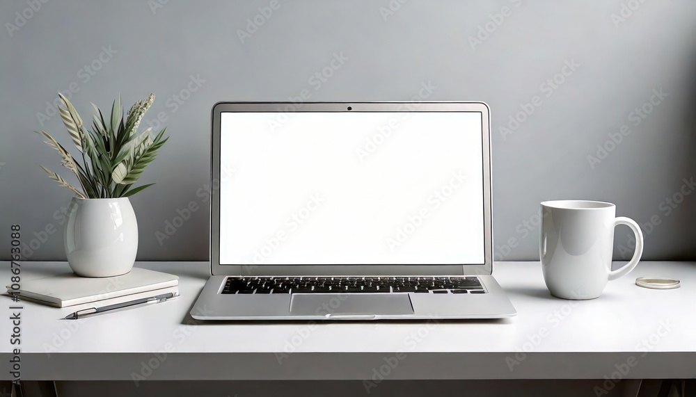 Laptop with Blank Screen and Coffee Mug on Work Desk Laptop with Blank Screen and Coffee Mug on Work Desk