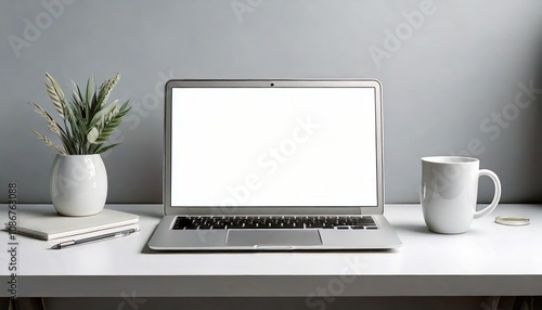  Laptop with Blank Screen and Coffee Mug on Work Desk