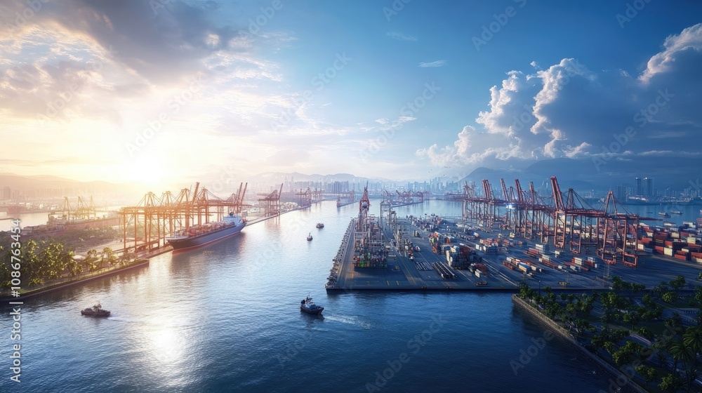 Obraz premium A stunning aerial view of a bustling harbor at sunrise, showcasing cranes, cargo ships, and a tranquil river scene.