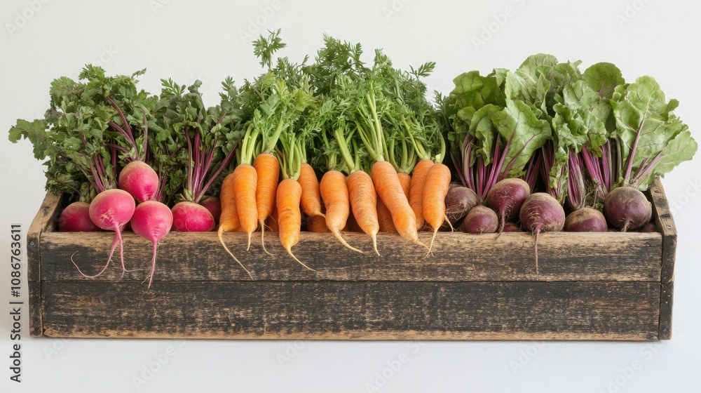© Oleksandr - Freshly harvested root vegetables displayed in a rustic wooden box celebrating seasonal produce from a garden