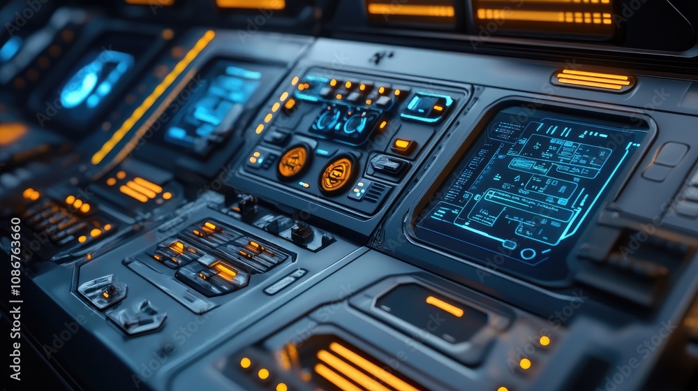 Futuristic control panel with glowing blue and orange lights, showcasing advanced technology and intricate designs. Futuristic control panel with glowing blue and orange lights, showcasing advanced technology and intricate designs.