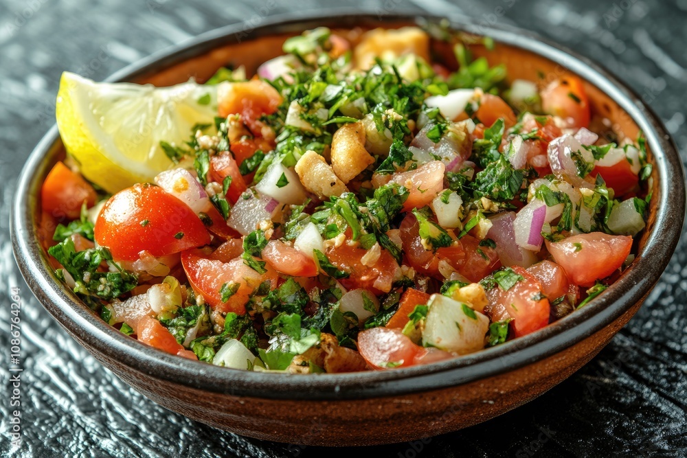 Fresh Tabbouleh Salad in a Brown Bowl with Lemon Fresh Tabbouleh Salad in a Brown Bowl with Lemon