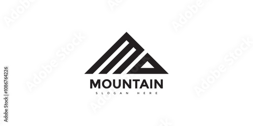 Monogram mountain landscape with letter m logo. Outdoor travel and adventure vintage logo. Outdoor hiking adventure mountain and sun logo design.