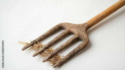 A rustic garden fork resting on a clean surface, showcasing its weathered tines and earthy roots, perfect for soil preparation and gardening tasks photo