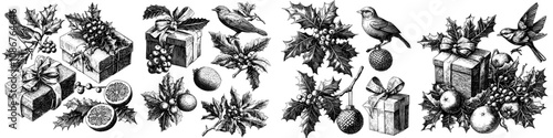 A vintage style sketch engraving generative AI illustration depicting festive decorations, Christmas gifts, ornaments, holly, and birds. A black and white image.