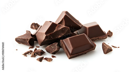 Delicious dark chocolate pieces arranged artfully on a white background.